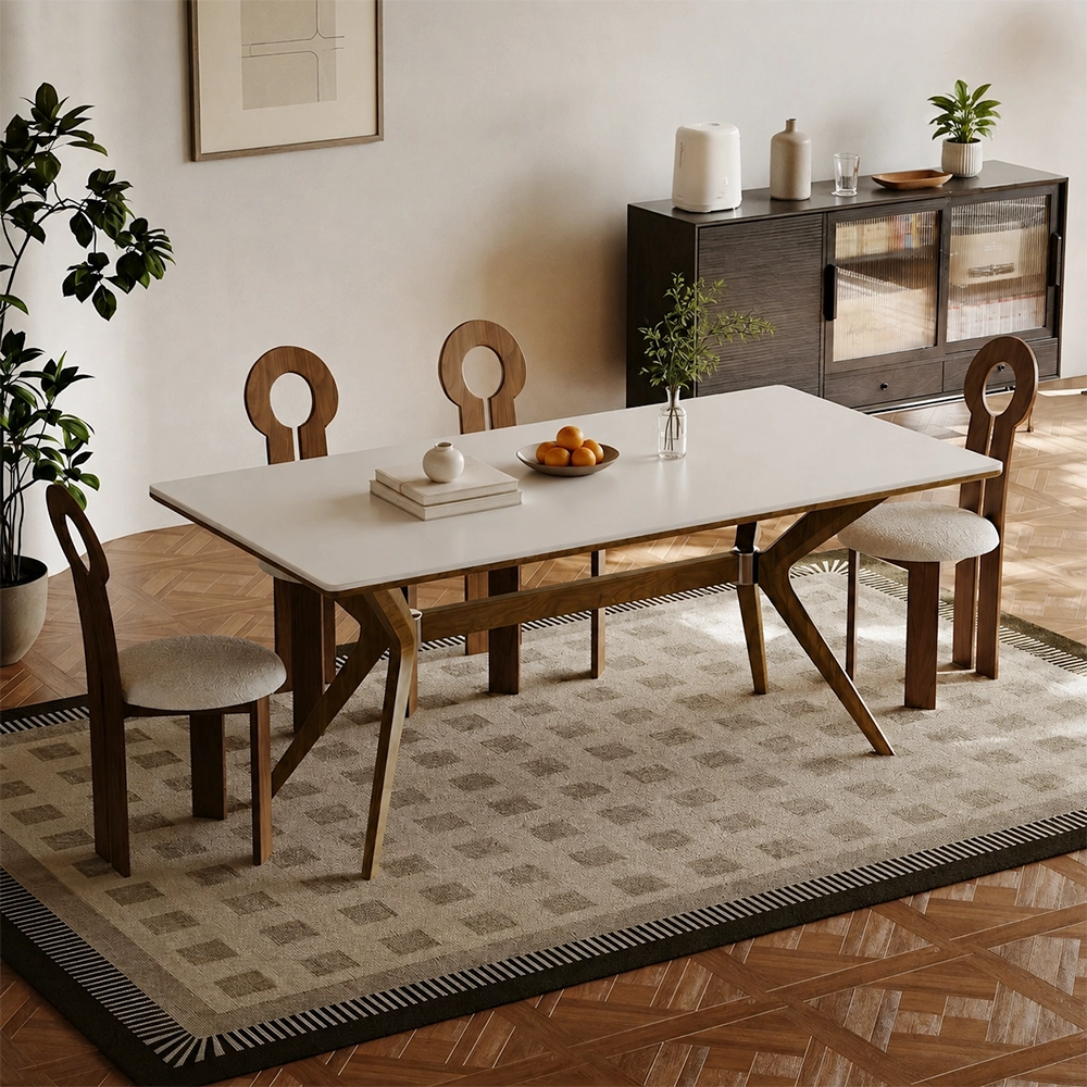 55.1" Organic Modern Sintered Stone and Ash Wood Rectangular Dining Table