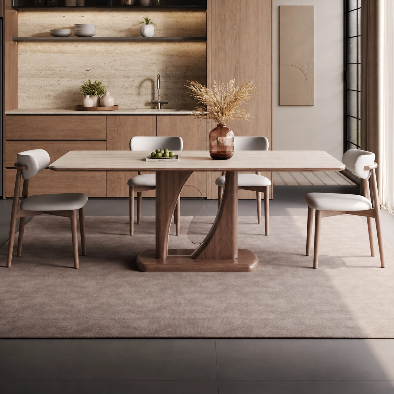 55.1" Organic Modern Sintered Stone and Wood Rectangular Dining Table