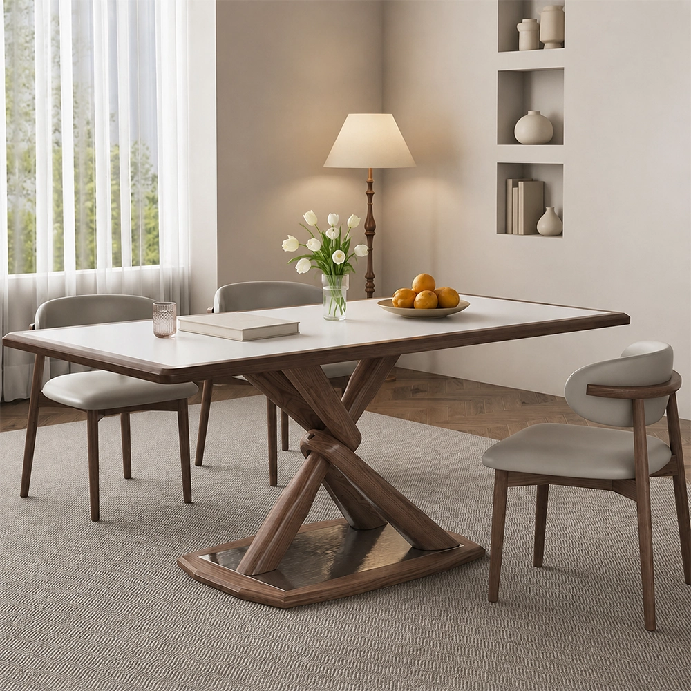 55.1" Organic Modern Sintered Stone and Ash Wood Rectangular Dining Table