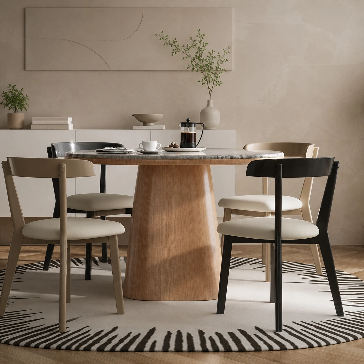 43.3" Organic Modern Marble and Ash Wood Veneer Round Dining Table