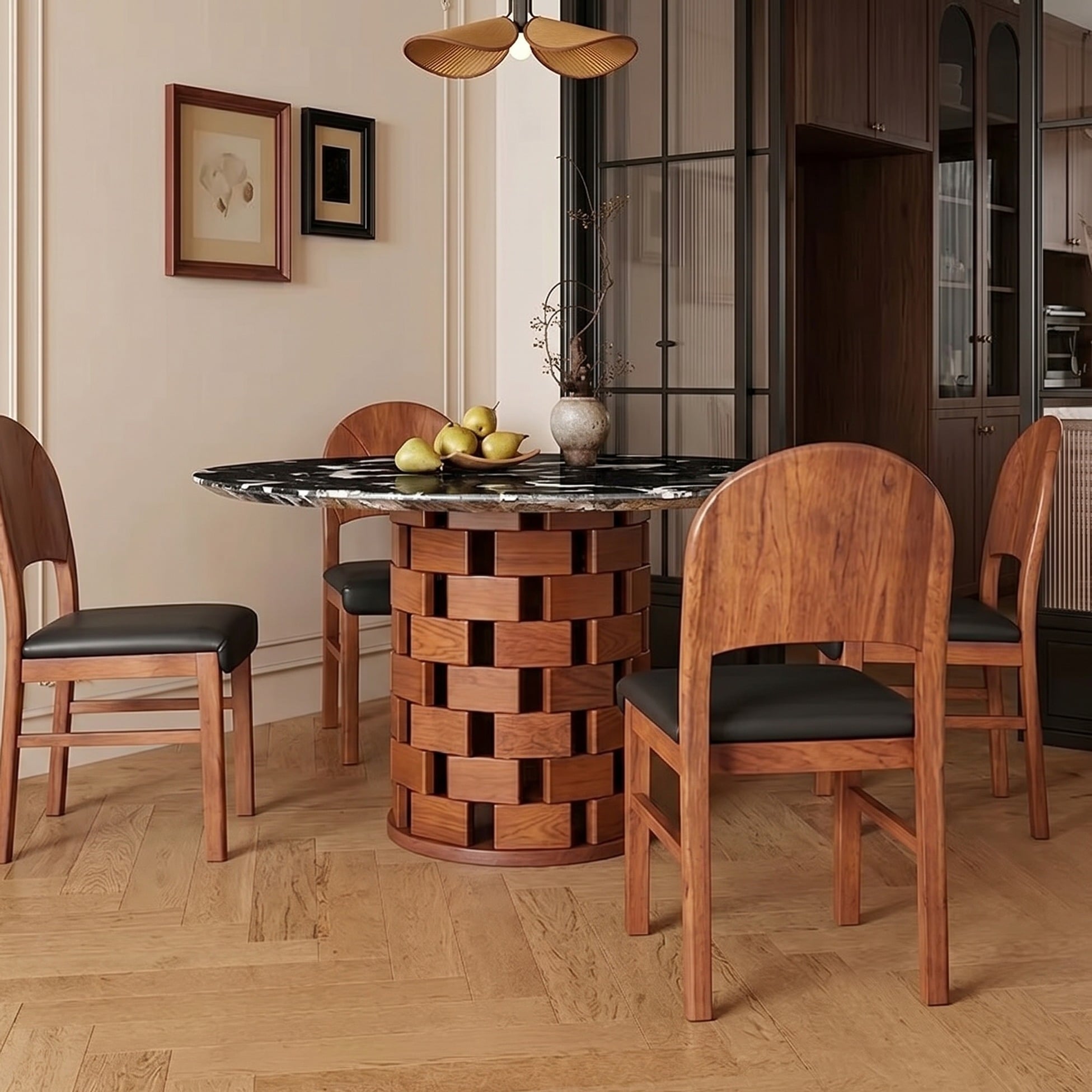 39.4" Organic Modern Marble and Ash Wood Round Dining Table
