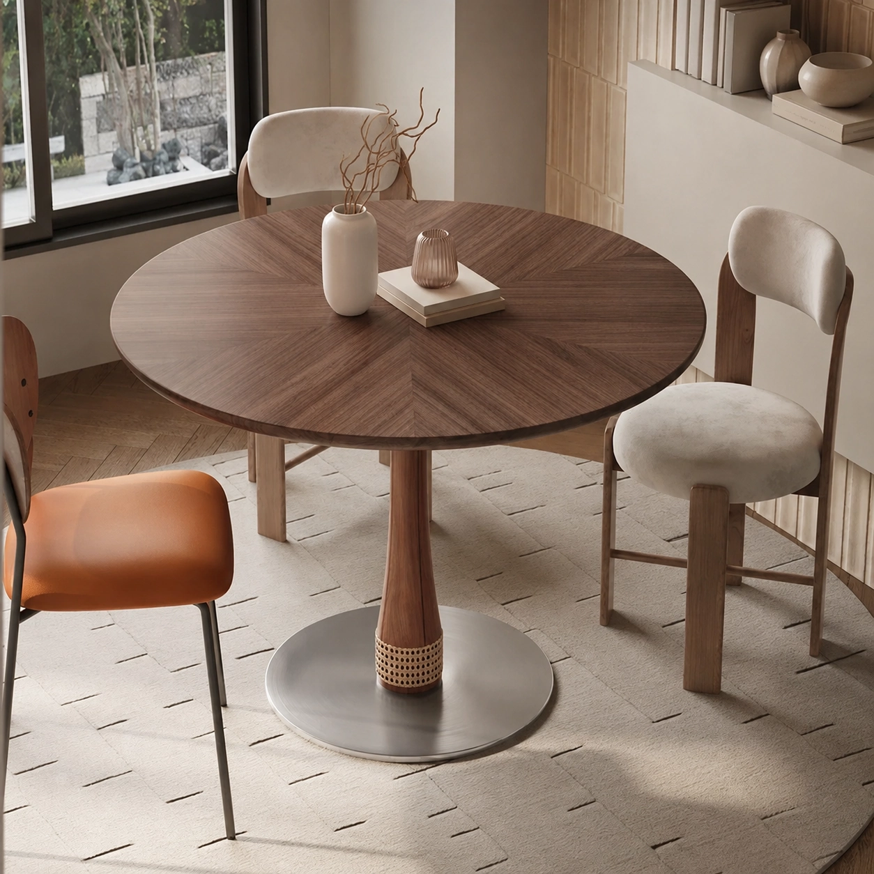 31.5" Organic Modern Plywood and Stainless Steel Round Dining Table