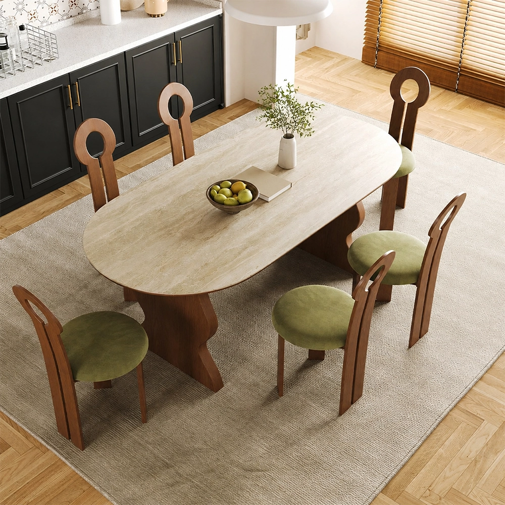 55.1" Organic Modern Sintered Stone and Solid Wood Oval Dining Table