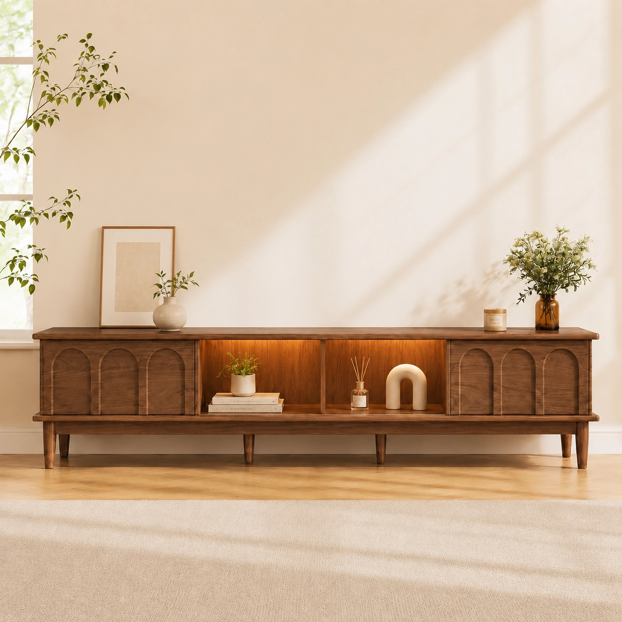 63" Mid-Century Modern Solid Wood TV Stand with Storage