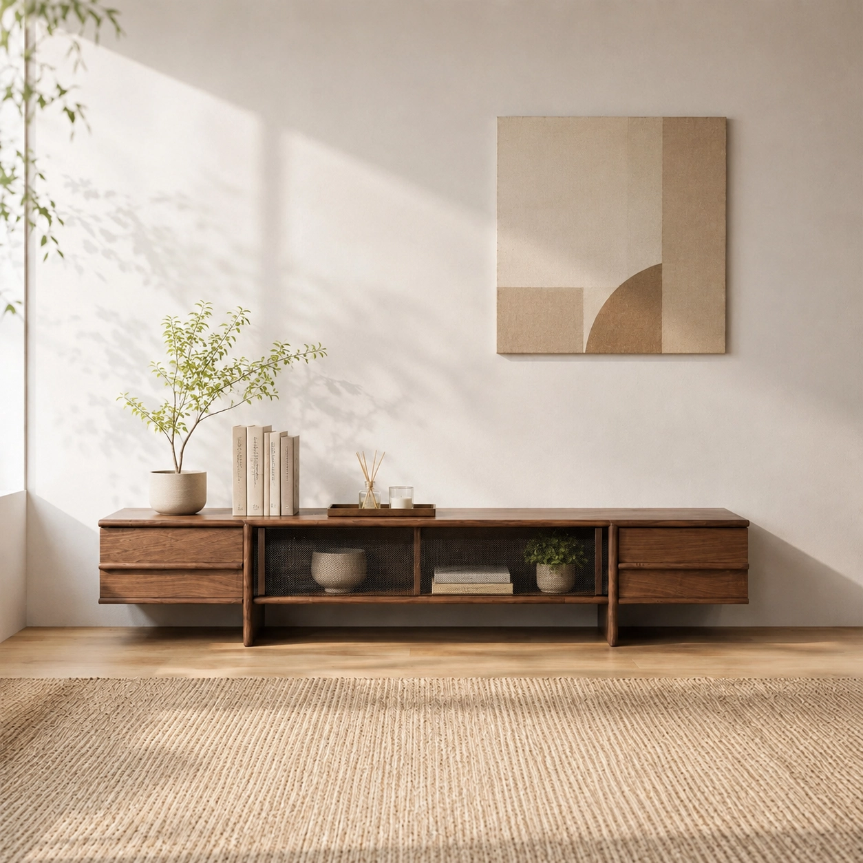70.9" Japandi Solid Wood TV Stand with Storage