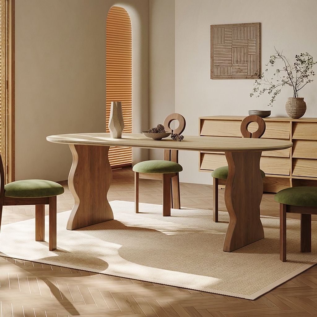55.1" Organic Modern Sintered Stone and Ash Wood Oval Dining Table