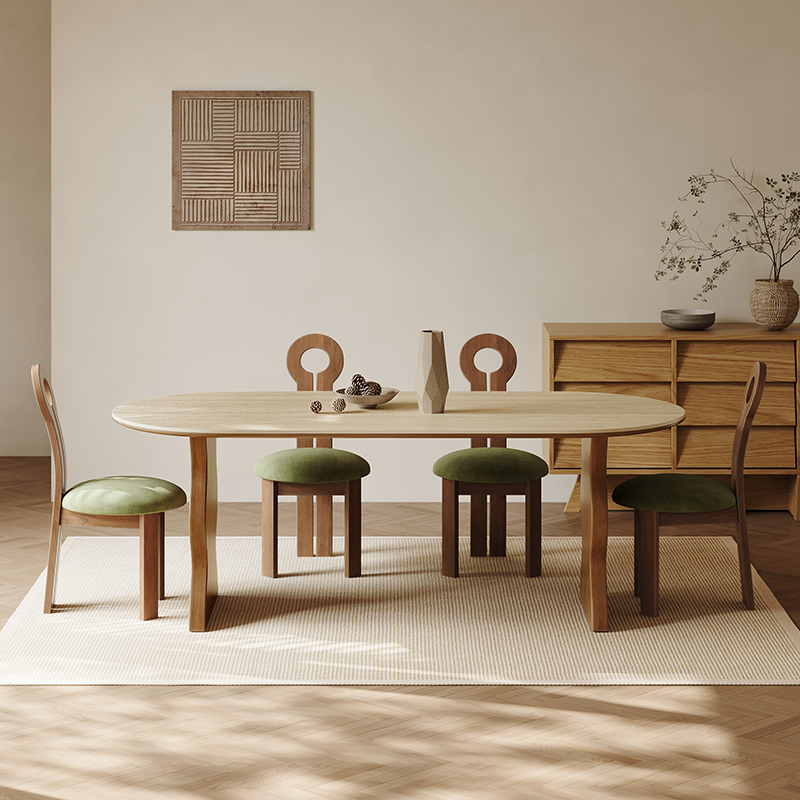 55.1" Organic Modern Sintered Stone and Ash Wood Oval Dining Table
