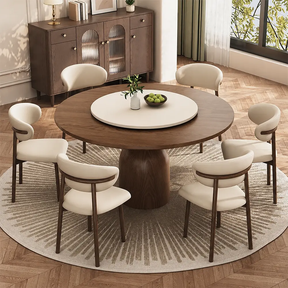 47.2" Organic Modern Sintered Stone and Ash Wood Round Dining Table