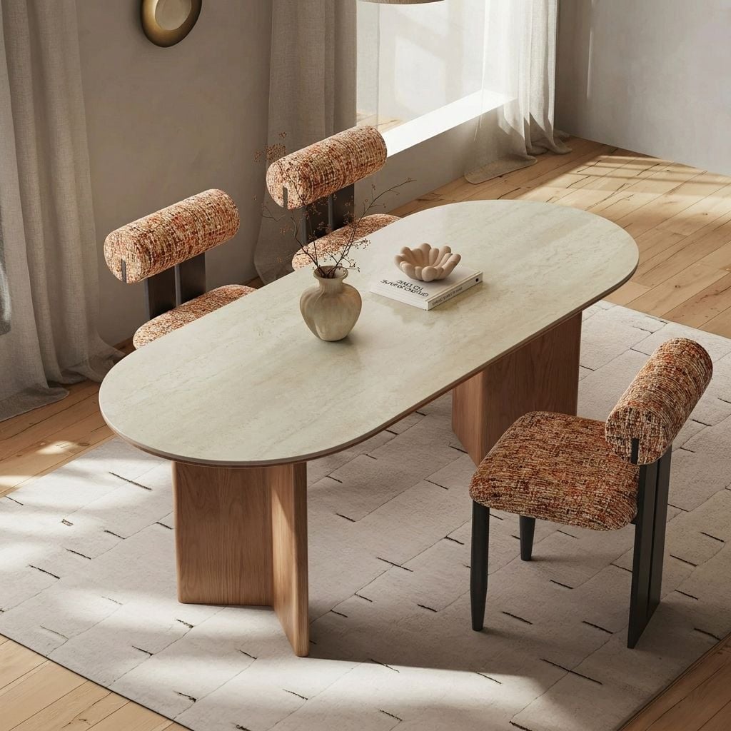 55.1" Organic Modern Sintered Stone and Walnut Veneer Oval Dining Table