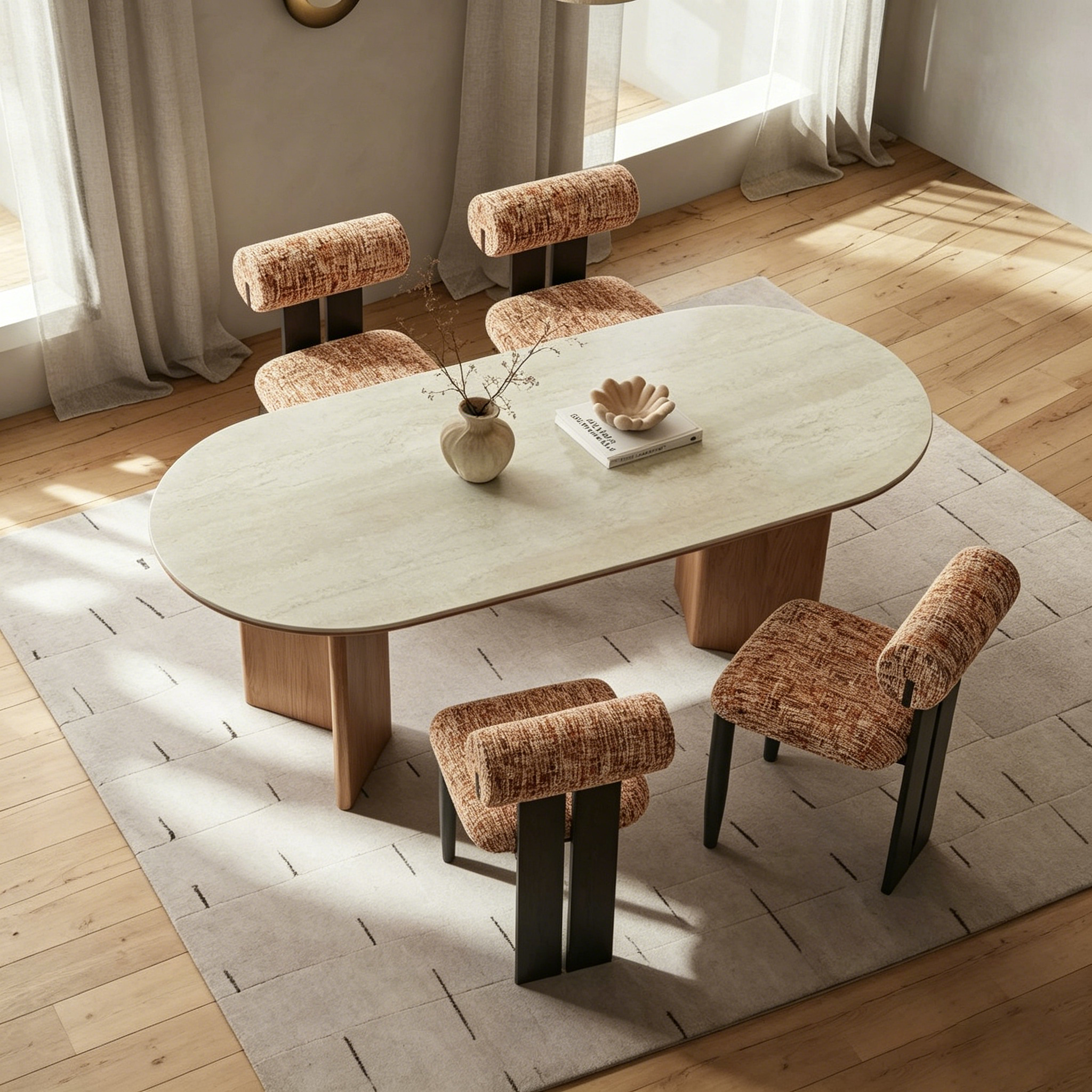55.1" Organic Modern Sintered Stone and Walnut Veneer Oval Dining Table