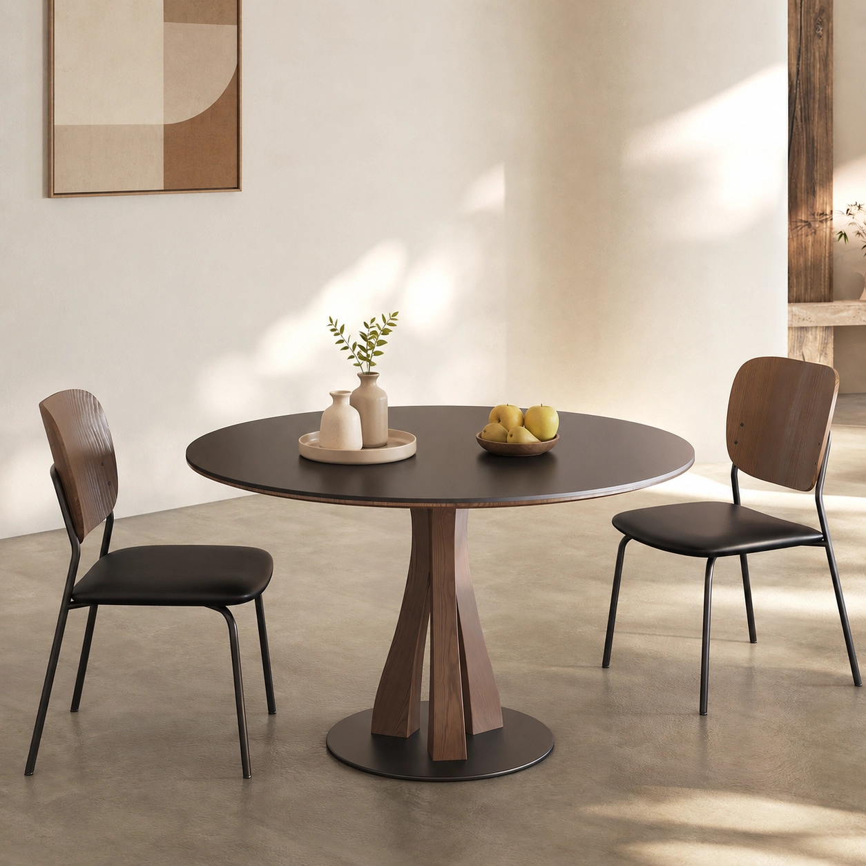 35.4" Organic Modern Sintered Stone and Ash Wood Round Dining Table