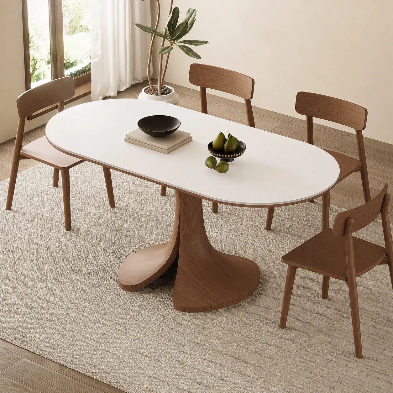 55.1" Mid-Century Modern Sintered Stone and Oak Wood Oval Dining Table