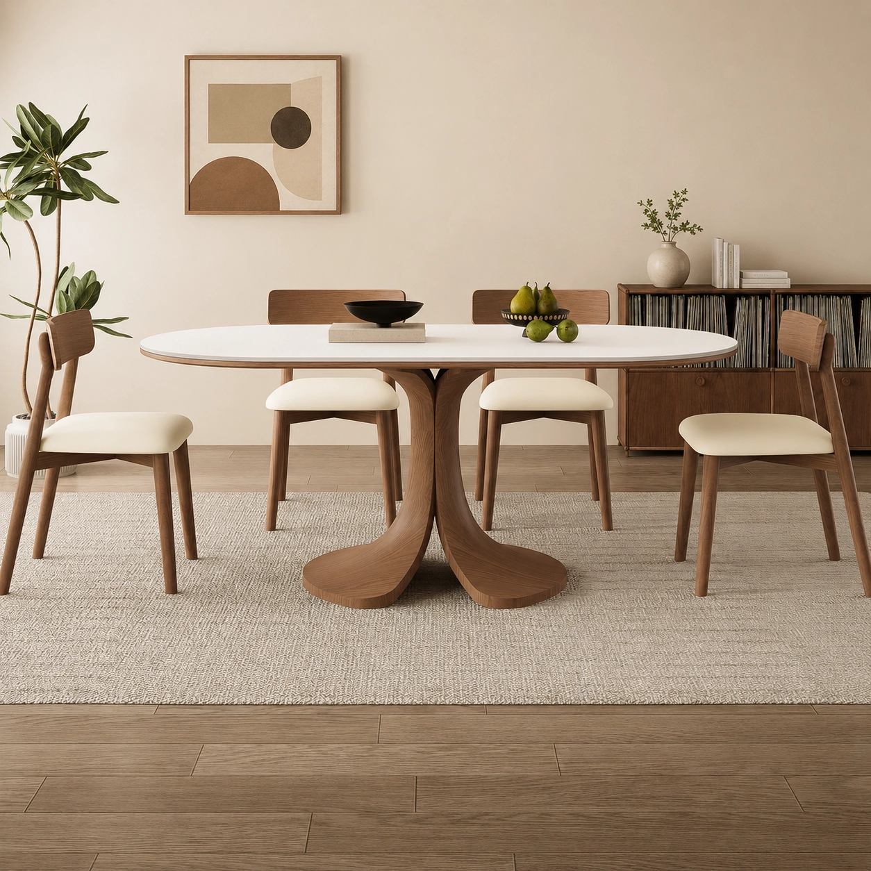 55.1" Mid-Century Modern Sintered Stone and Oak Wood Oval Dining Table