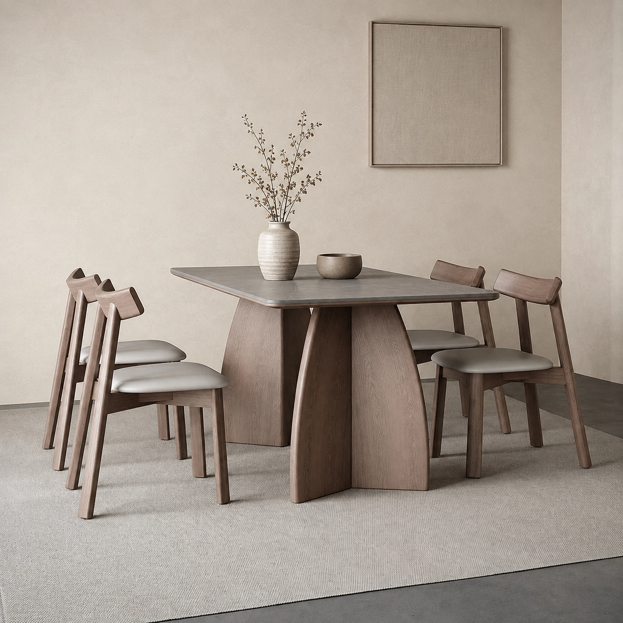 63" Organic Modern Sintered Stone and Ash Wood Rectangular Dining Table