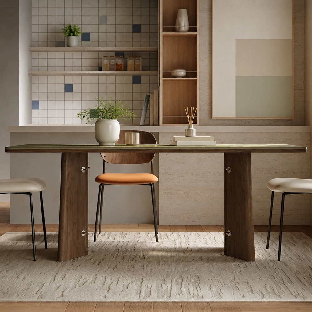 55.1" Contemporary Marble and Walnut Veneer Rectangular Dining Table