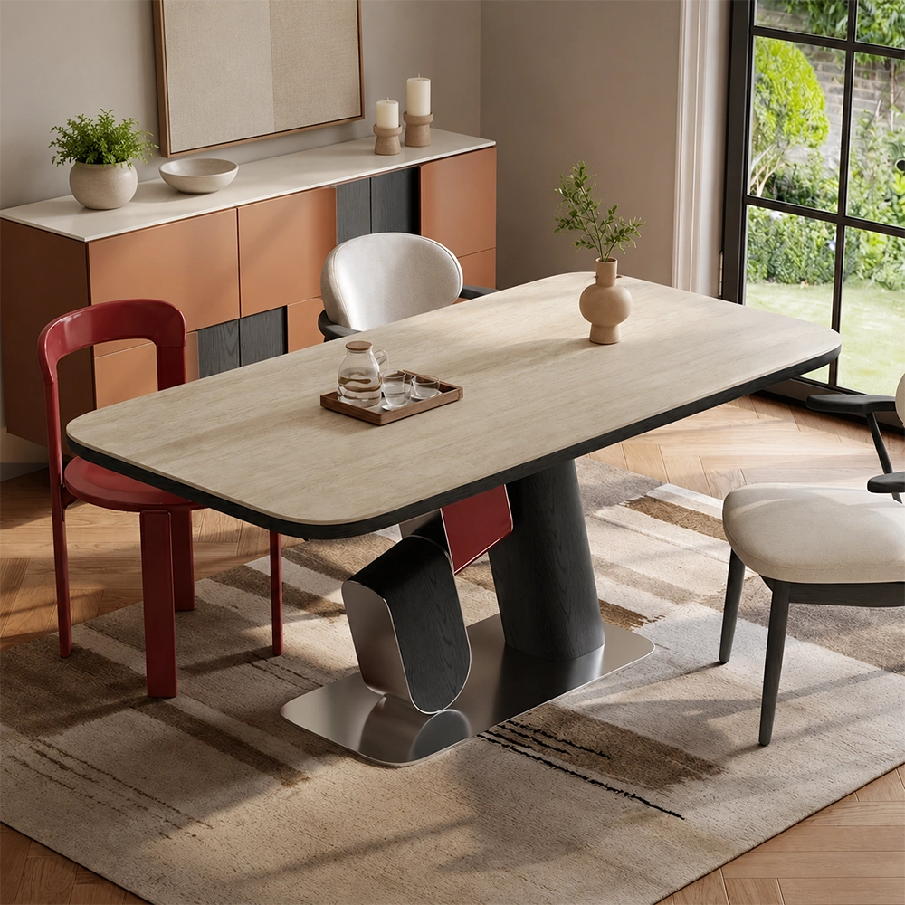 55.1" Contemporary Sintered Stone and Ash Wood Veneer Dining Table Pedestal Base