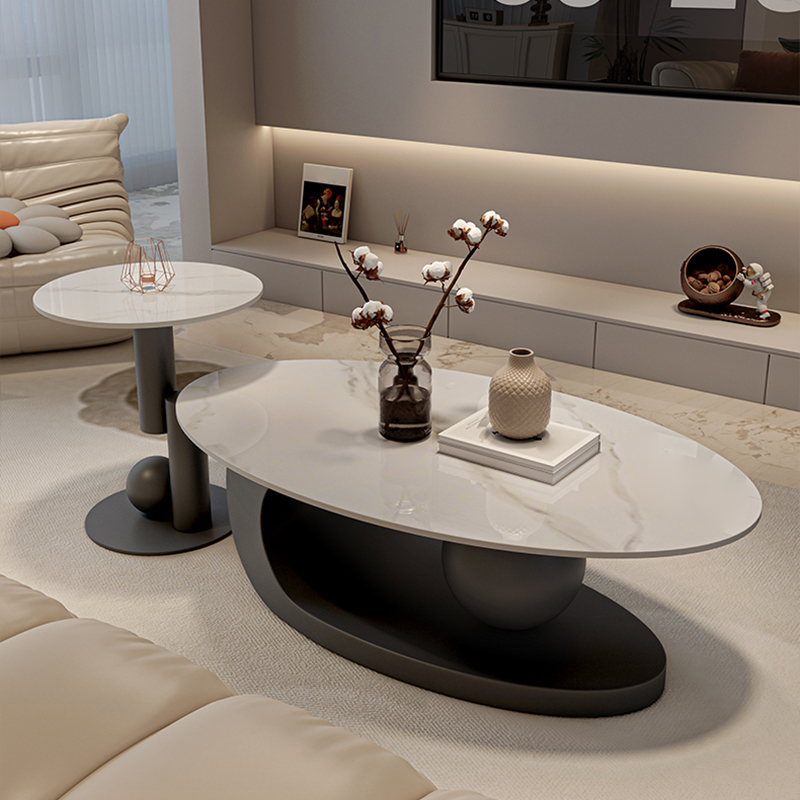Modern Oval Stone Top Coffee Table, Abstract Iron Base, Scratch Resistant - image 6