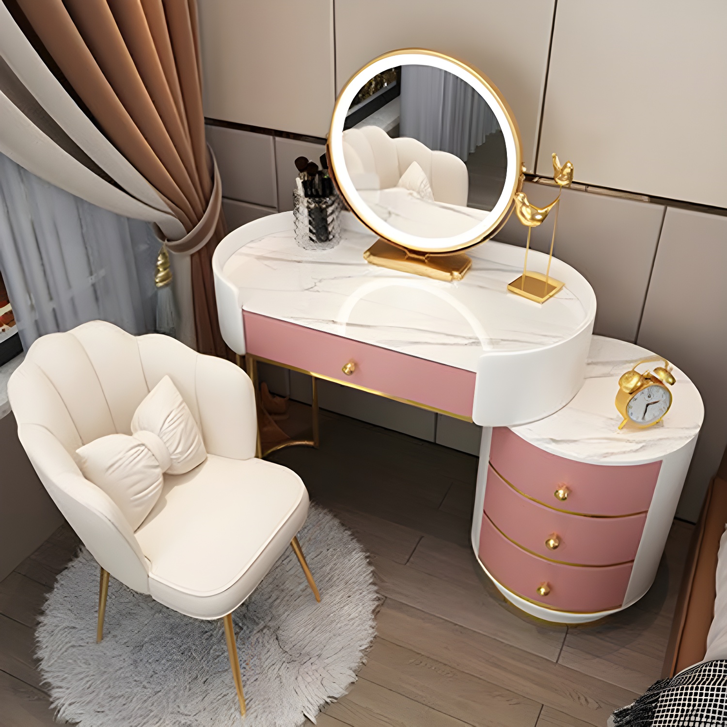 Wooden Makeup Vanity Desk Bedroom Dressing Table Stool Set with Drawer - image 3