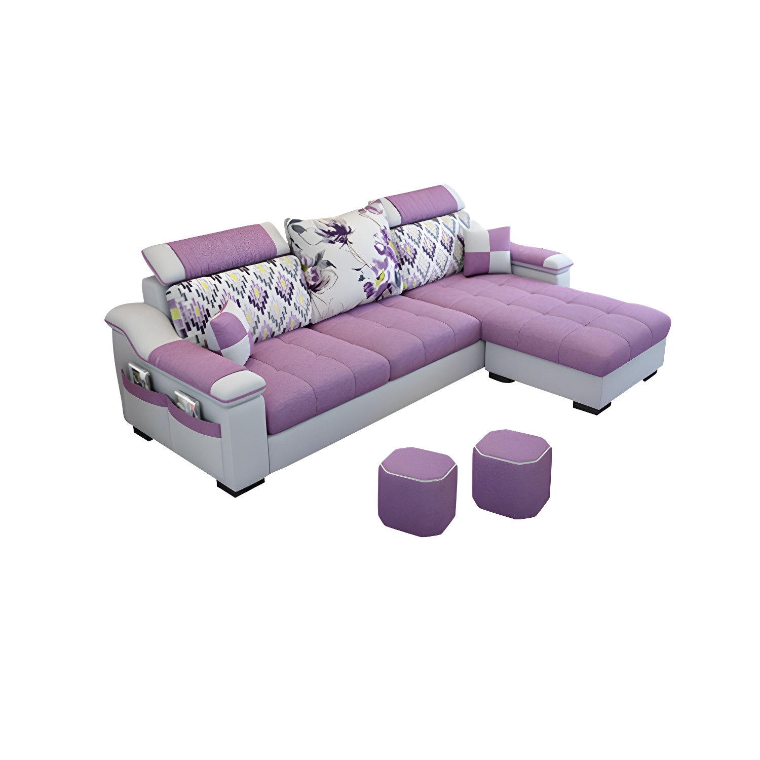 Modern Reversible Straight Sectional Sofa with Ottoman in Linen Upholstery, Sloped Arms - image 4