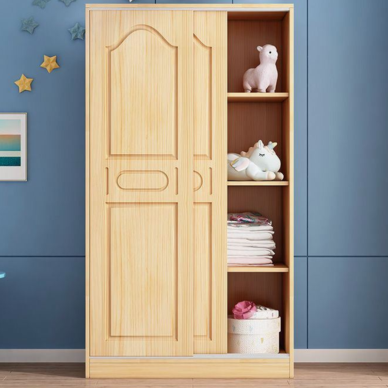 Natural Finish Modish Pine Wood Wardrobe Closet with Soft Close Door, Interior Shelves, and Clothing Rod