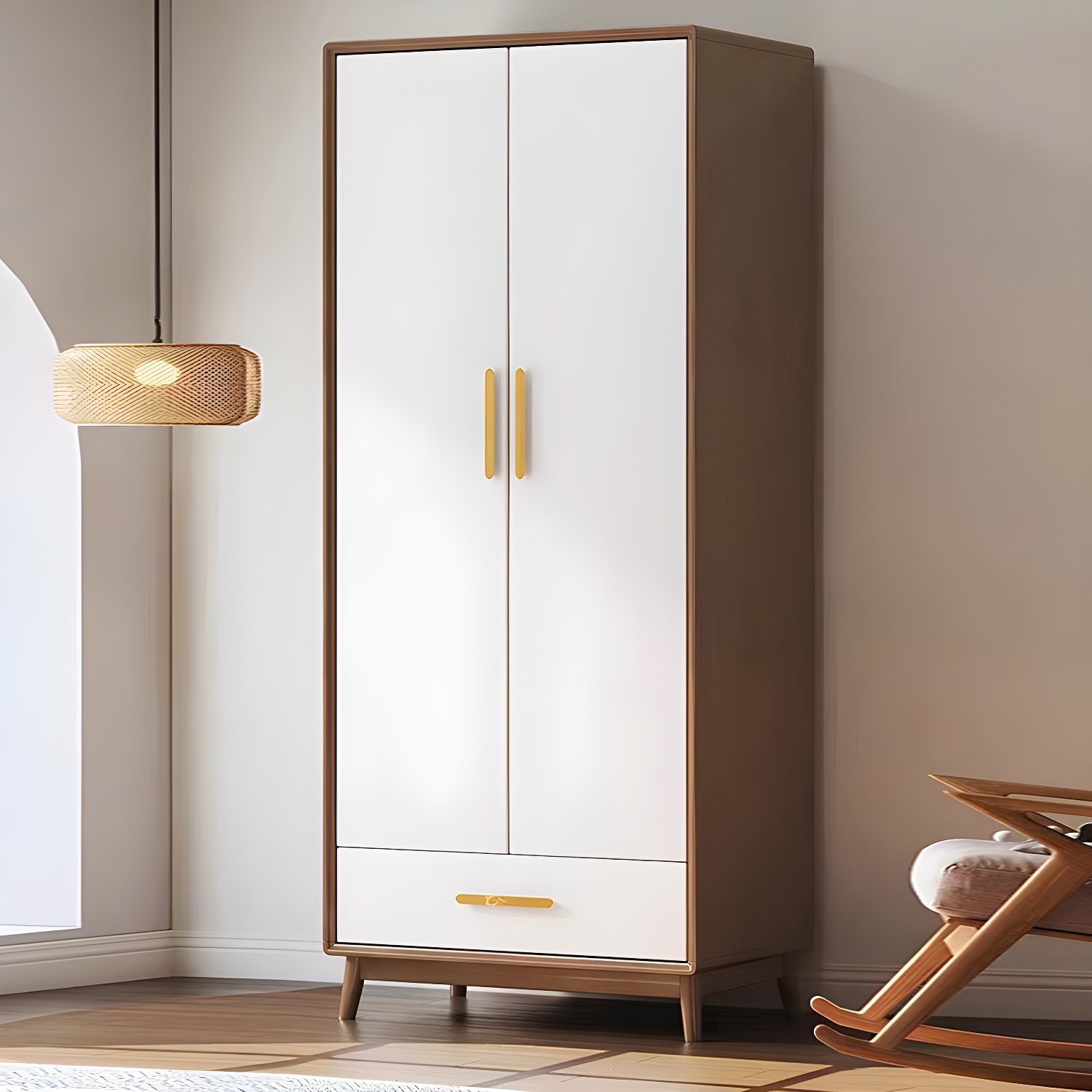 Scandinavian Natural Wood Wardrobe with Clothing Rod and Shelves for Bedroom - image 14