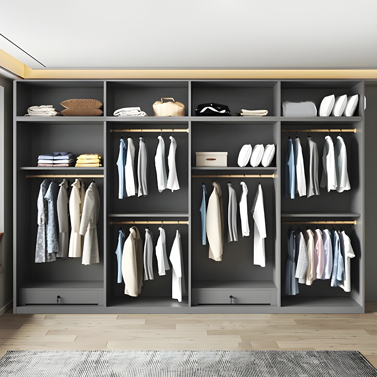 Modern Grey Wood Wardrobe Armoire with Drawers & Shelves for Ample Storage