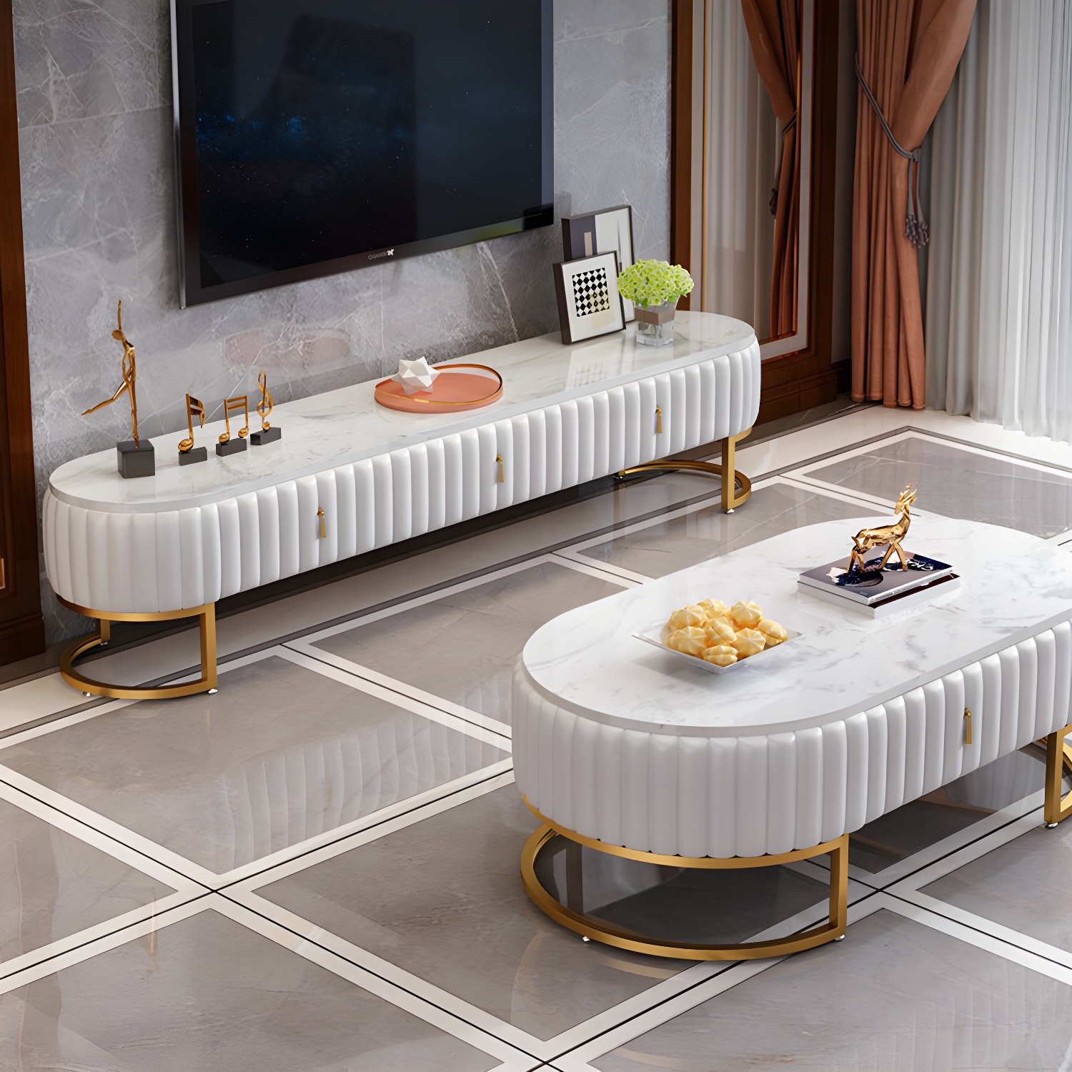 Scandinavian TV Stand Imitation Marble Enclosed Storage TV Console with Drawers - image 6