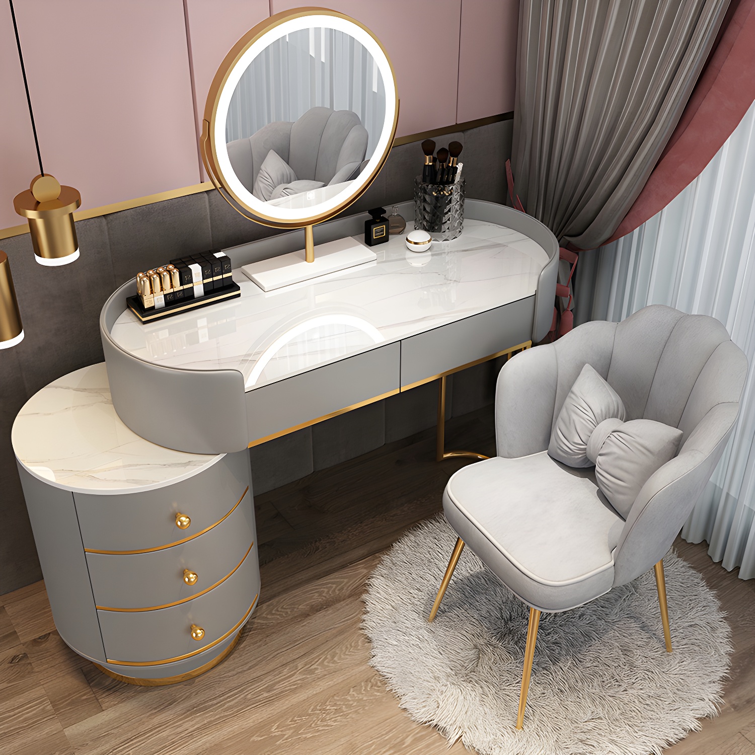 Wooden Makeup Vanity Desk Lighted Mirror Vanity Dressing Table Set with Drawer - image 8