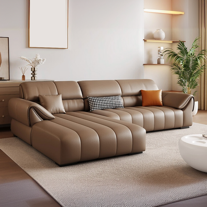Elegant Light Brown Leather Standard Sofa/Single Sofa/Loveseat with Armrest and 3 Pillows