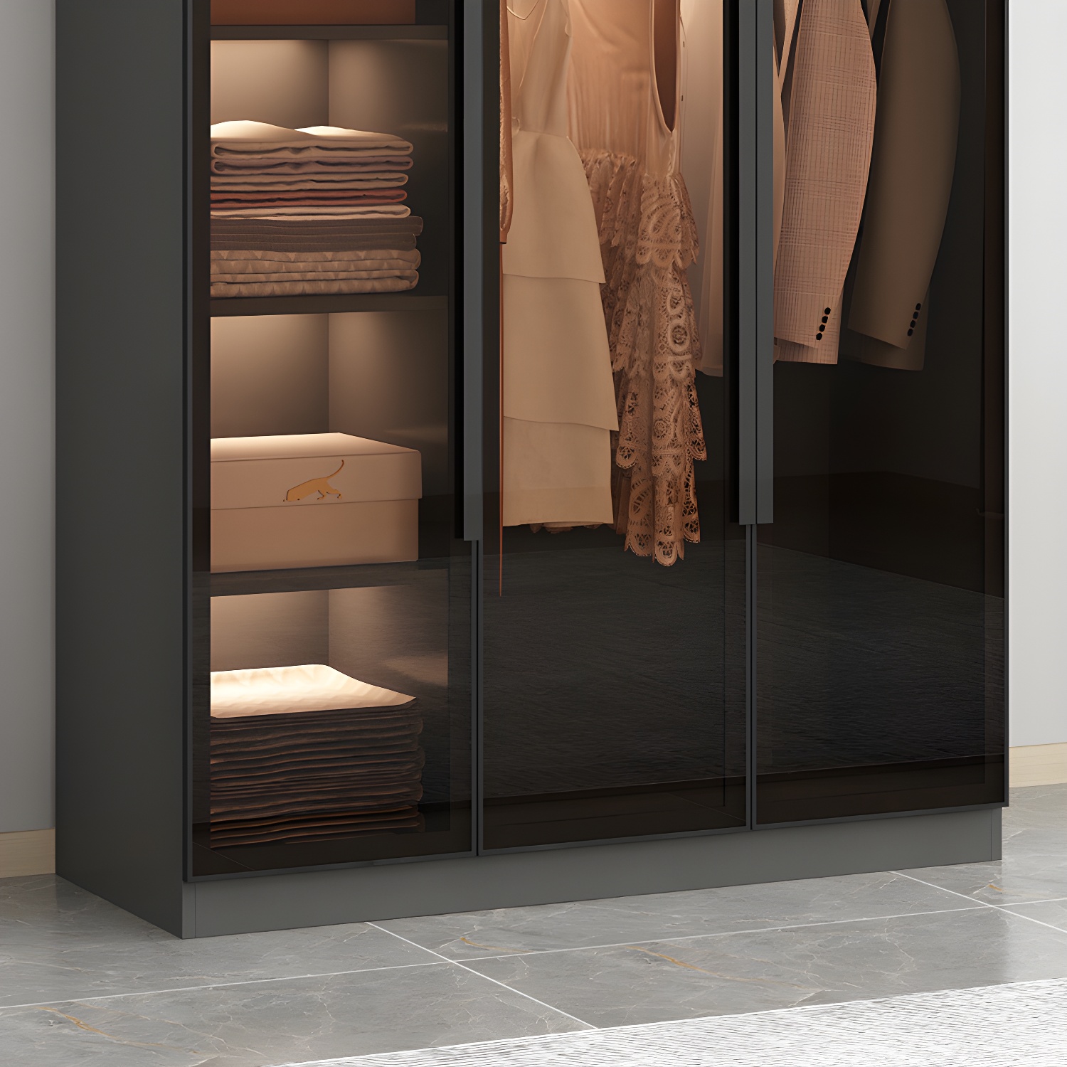 Freestanding Grey Wood Frame Wardrobe Modern Multifunctional Wardrobe with Glass Doors - image 8