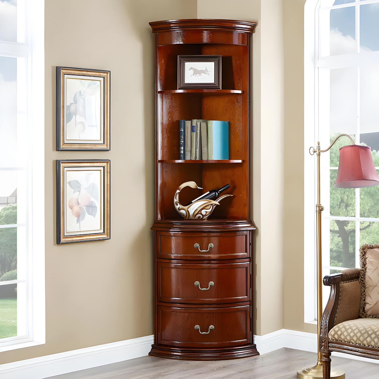 Corner Mid-Century Modern Accent Cabinet with Wood Countertop and Glass Doors - image 14