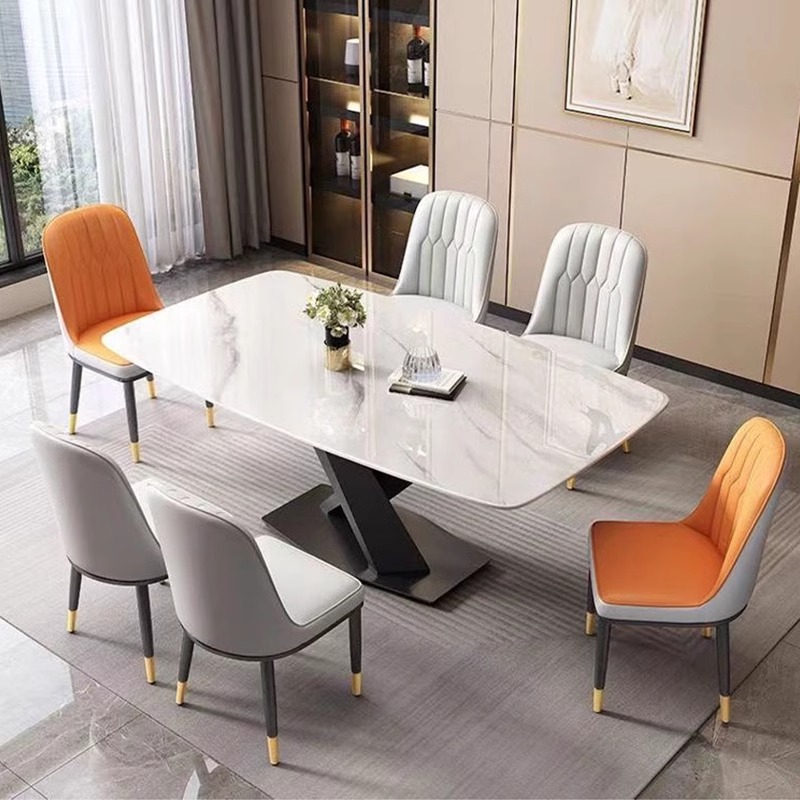 Modern Rectangle Slate Dining Table Set with Pedestal Base and Fixed Mechanism