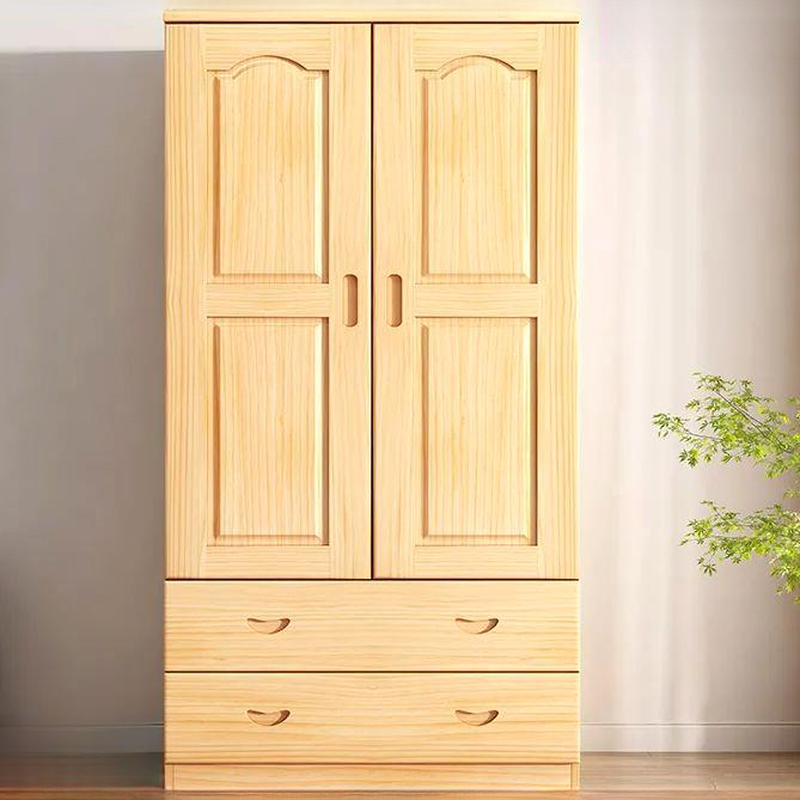 Natural Finish Modish Pine Wood Wardrobe Closet with Soft Close Drawer, Soft Close Door, Interior Shelves, and Clothing Rod