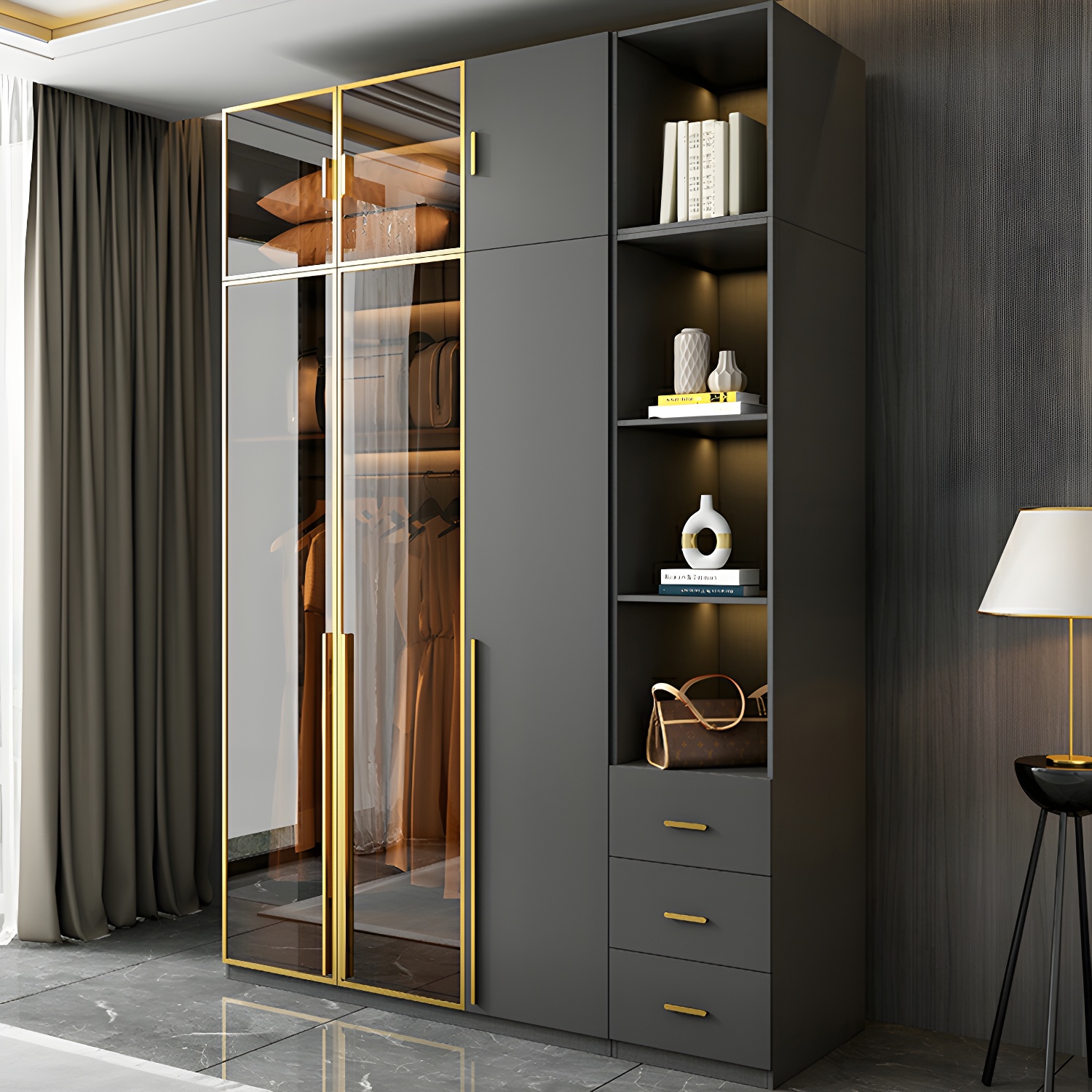 Modern Black Wood Wardrobe Armoire with Soft-Close Drawers & Clothing Rod - image 10
