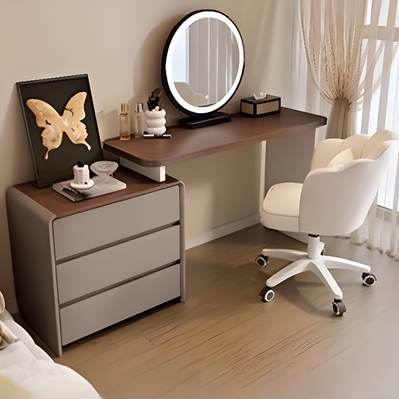 Large Vanity Set with White Seating, 6 Drawers, Mirror Lights, Seat, Lighting, and Scalable Telescopic Design