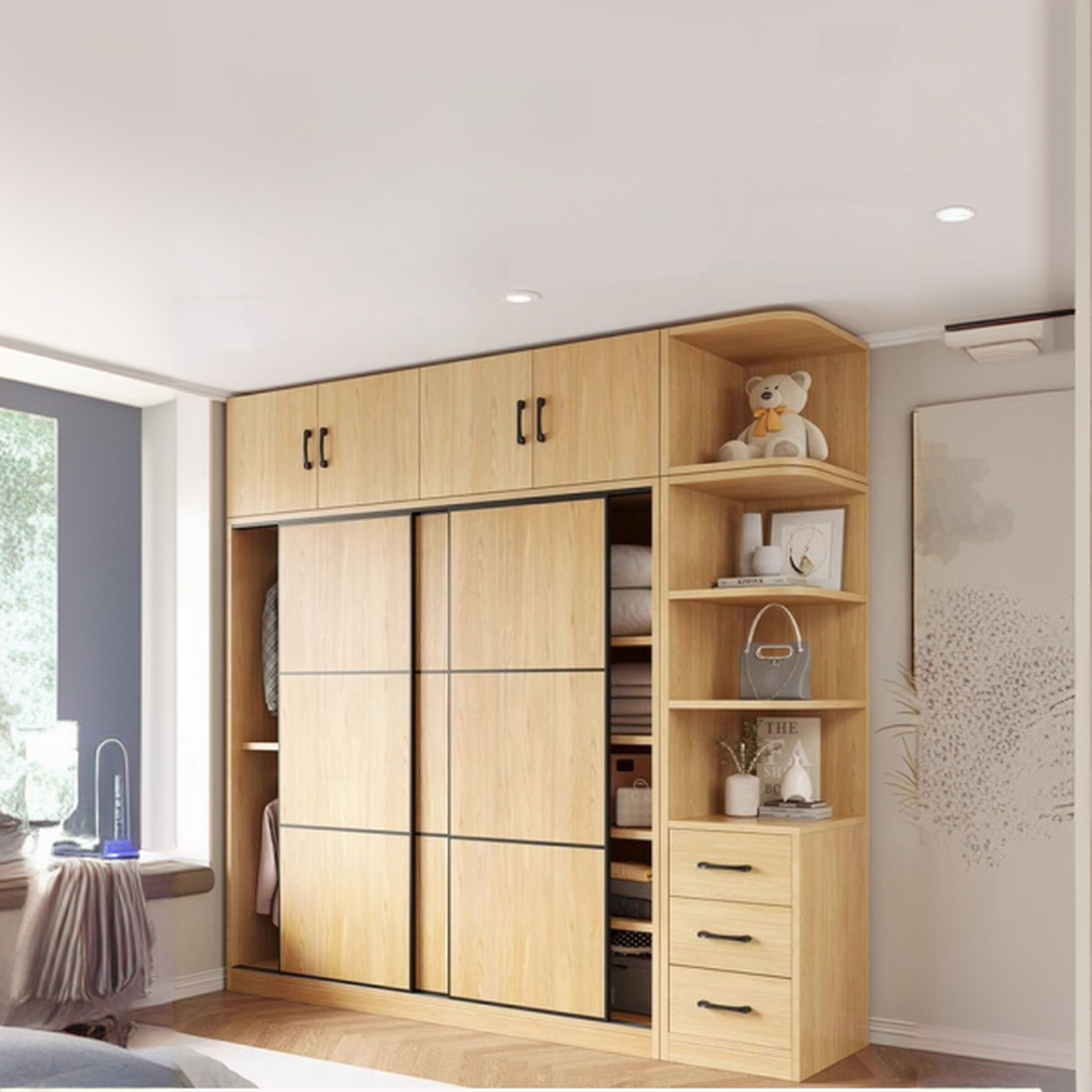 Natural Finish Modern Timber Self-supporting Wardrobe with Soft Close Drawer, Soft Close Door, and Clothing Rod