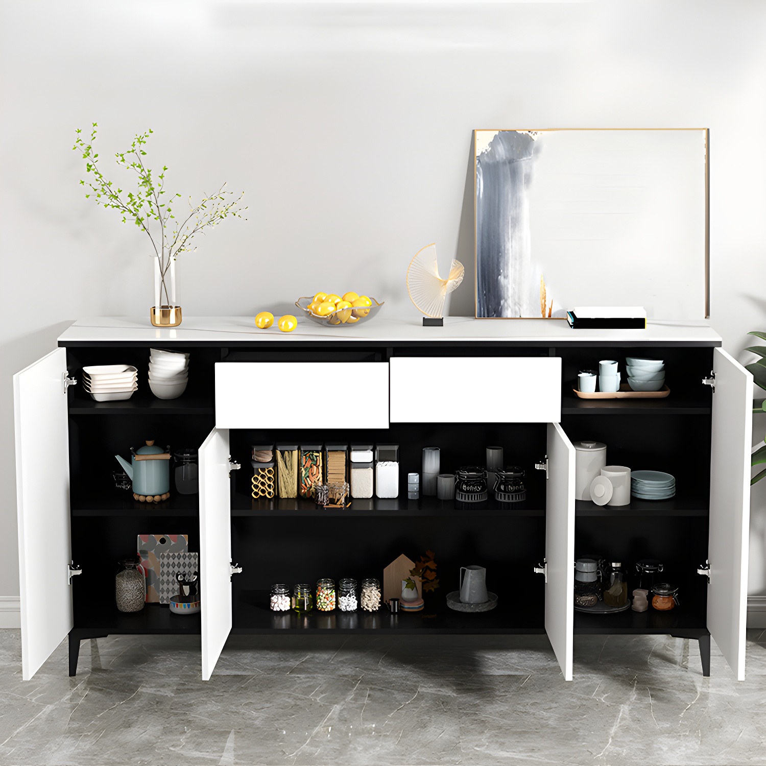 White Wood Buffet Sideboard with Drawers and Cabinet Included - image 3