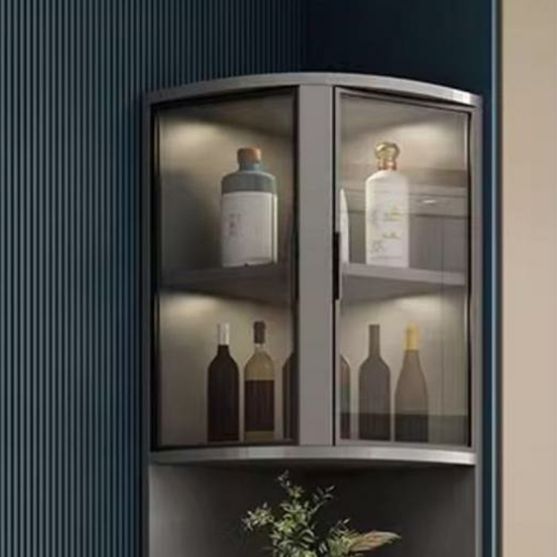 Modern Grey Corner Accent Cabinet with Gold Metal Base and Glass Doors - image 6