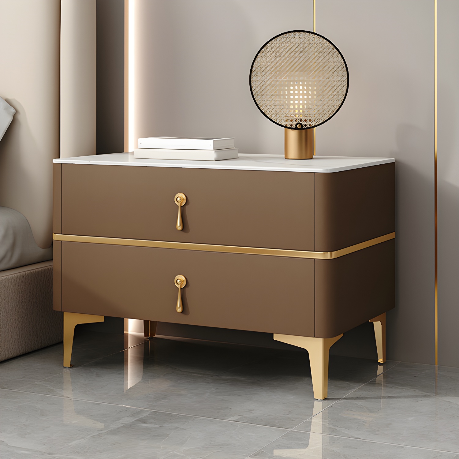 Glam Style Sintered Stone Top 2- Drawer Nightstand with Legs for Bedroom - image 5