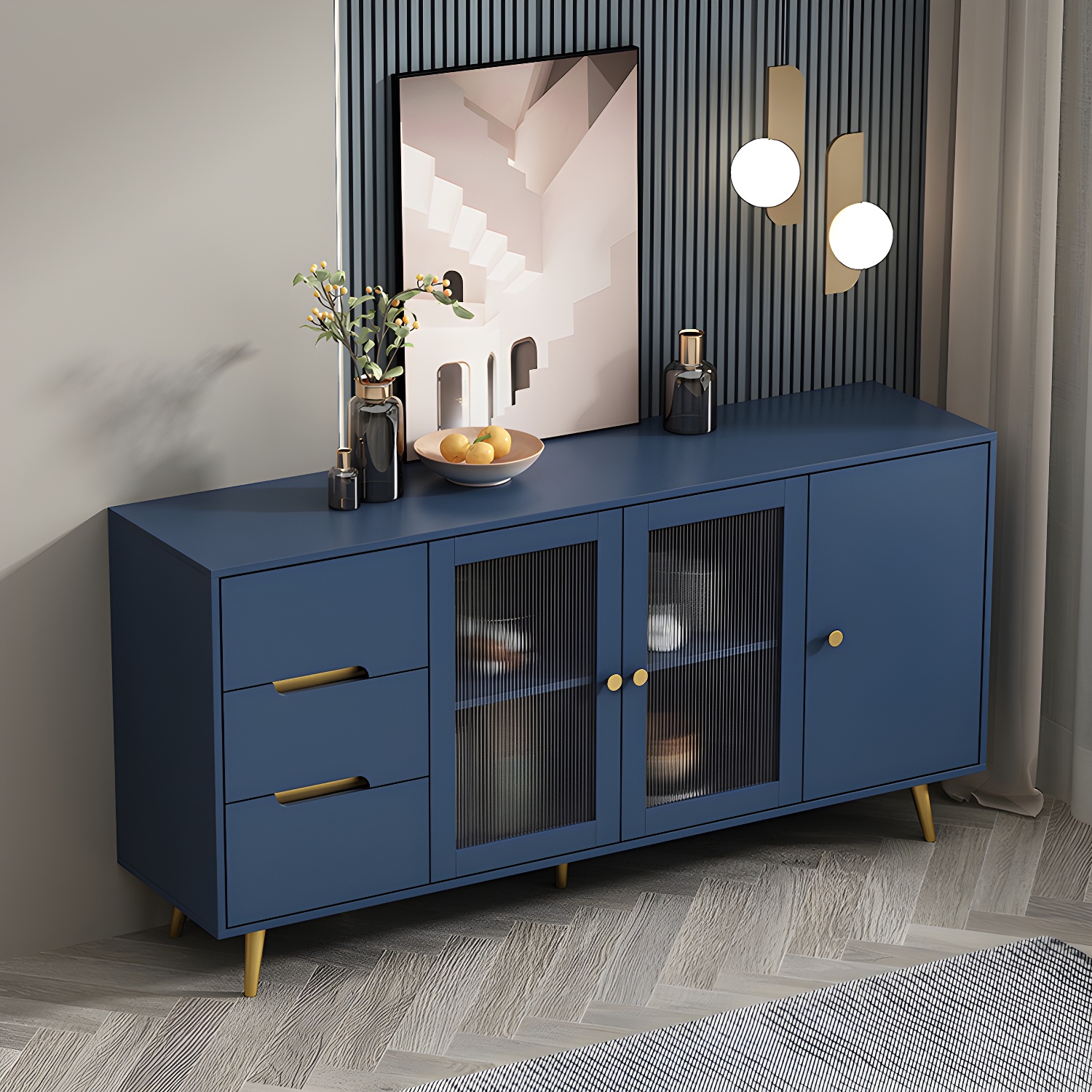 3-Drawer Engineered Wood Sideboard Modern Glass Doors Cabinets Credenza for Living Room - image 7