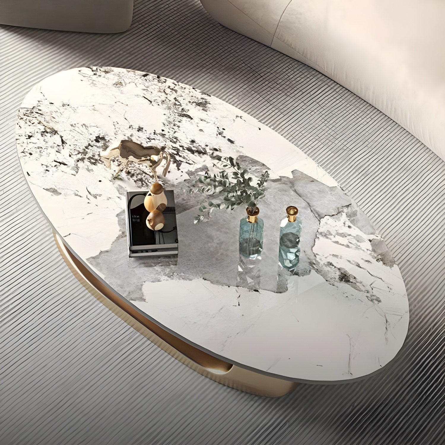 Glam Stone Coffee Table - Beige Oval Shape with Abstract Stainless Steel Base and Scratch Resistant - image 6