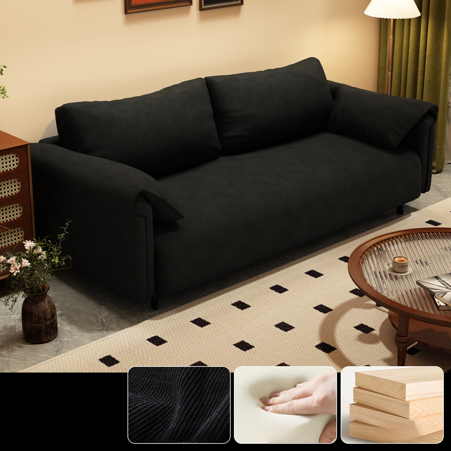 Modern Solid Color Tear Resistant Standard Sofa/Loveseat in Black/Ivory for 3-seater/Seats 2