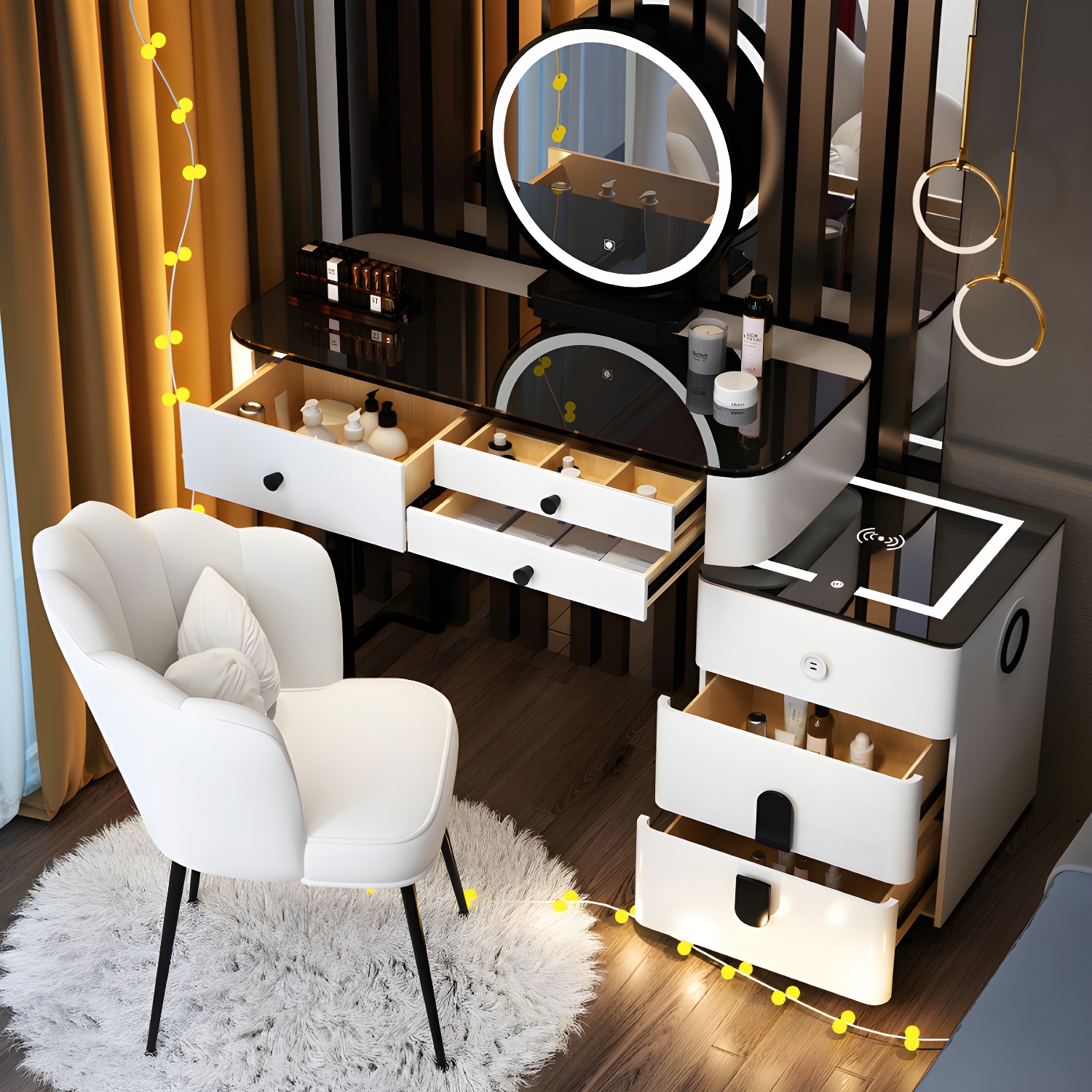 Lighted Mirror Wood Makeup Dressing Table Stool Set in Black/ White - image 5