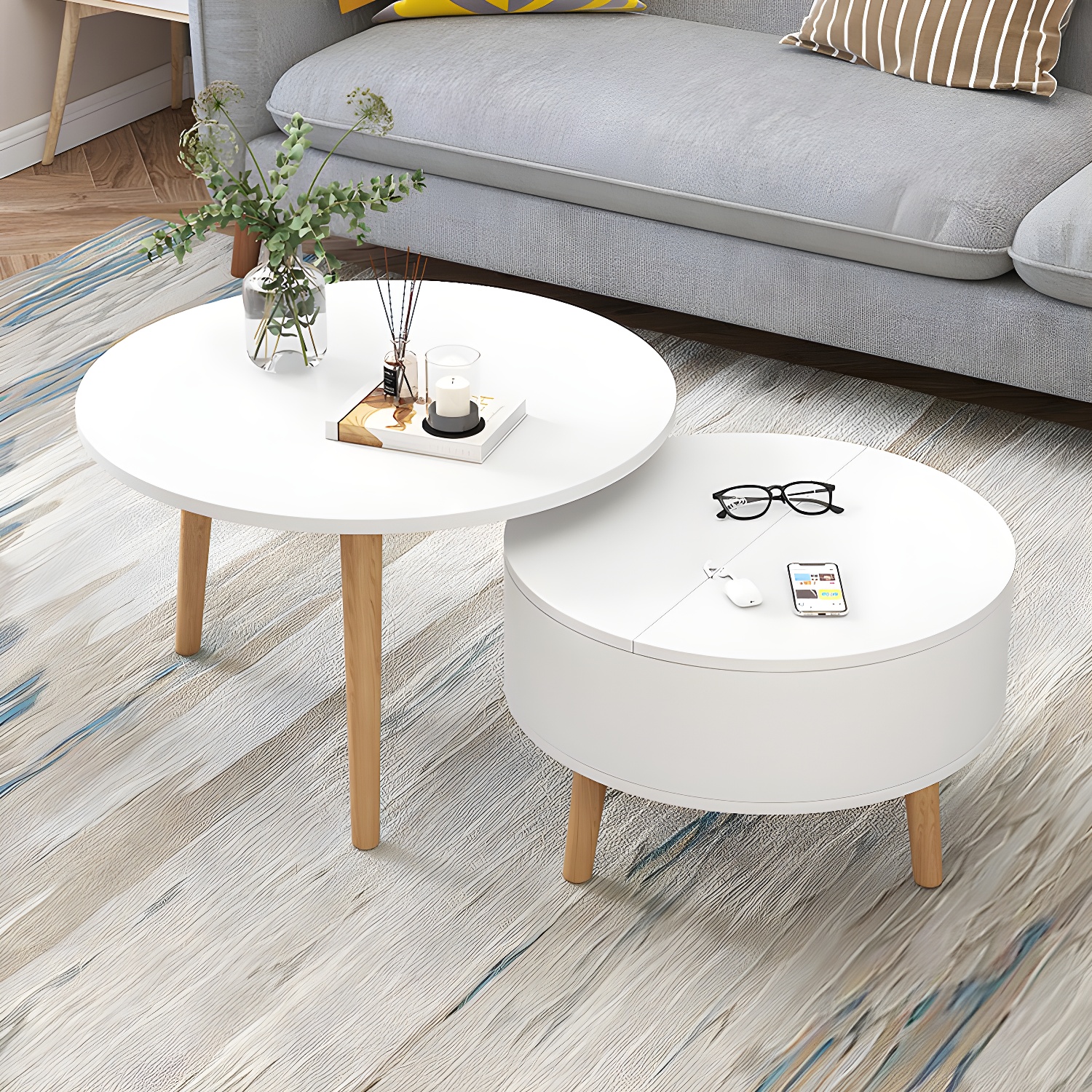 Round Solid Wood 3 Legs Coffee Table with Storage Drawers Modern Cocktail Table - image 9