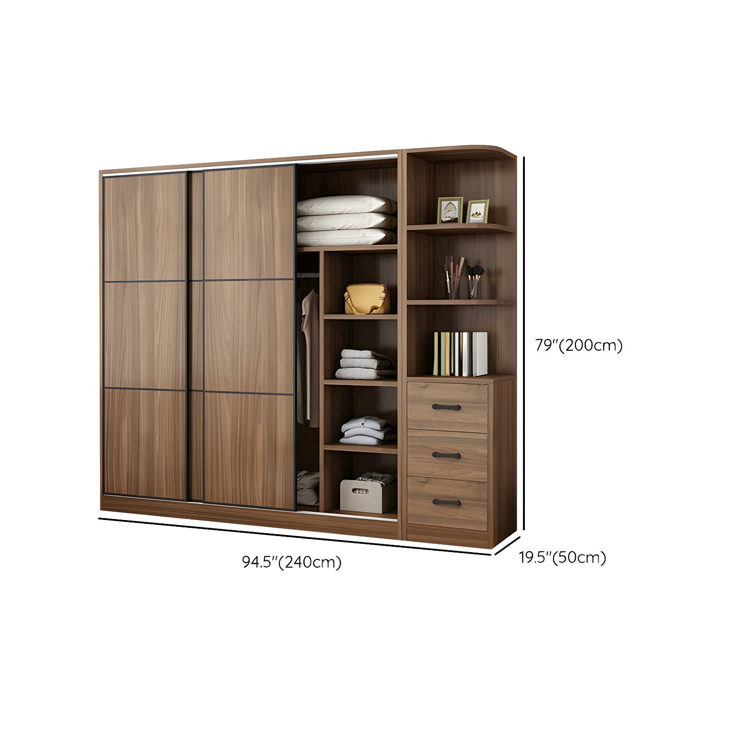 Non-Adjustable Traditional Brown Wood Wardrobe Armoire with Sliding Doors & Soft Close Drawers - image 26