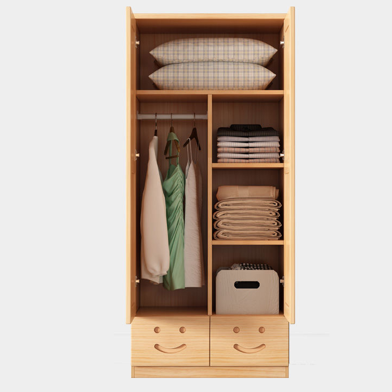 Natural Finish Modish Pine Wood Wardrobe Closet with Soft Close Drawer, Soft Close Door, Interior Shelves, and Clothing Rod