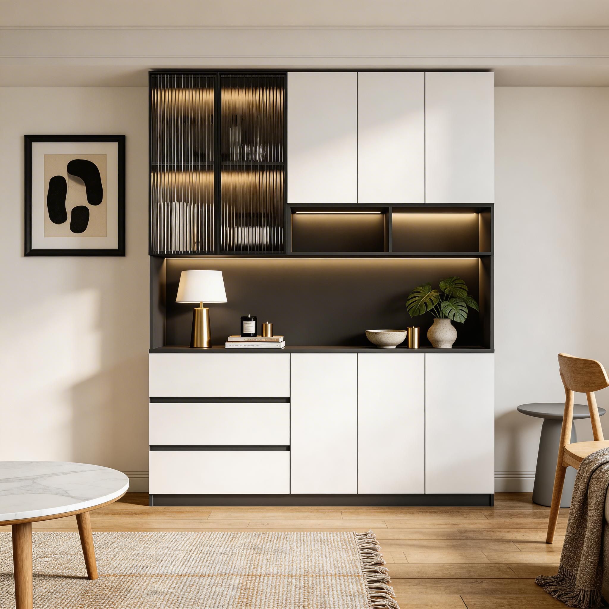 Trendy Sideboard with 3 Drawers, Cupboard, Wide/Standard/Narrow Sizes, 2/1 Shelves, Cabinets, and Glass-panel Door - image 21