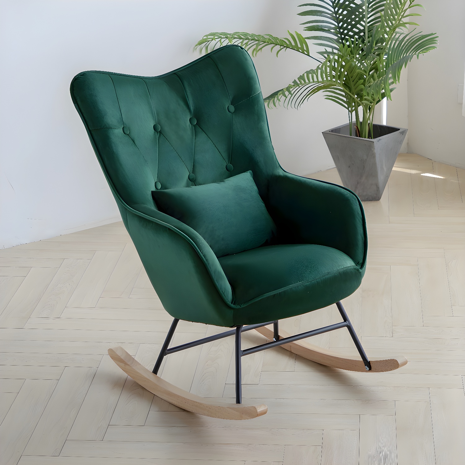 Stylish Modern Upholstered Rocking Chair with Natural Wood Legs and Tufted Back Cushion