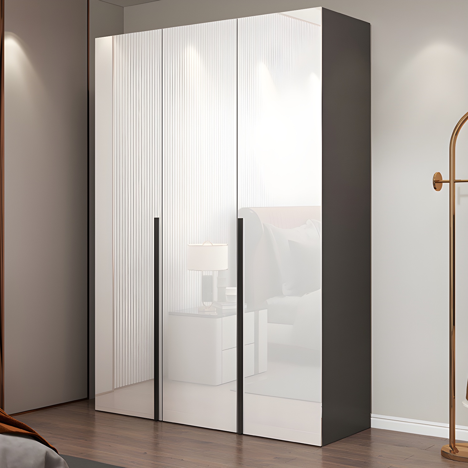 White Mirrored Finish Wardrobe Armoire Engineered Wood Wardrobe Cabinet - image 3