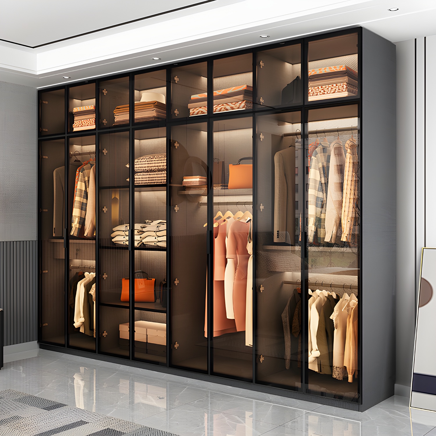 Modern Glass Wardrobe Cloth Rod Included Wardrobe Closet without Light